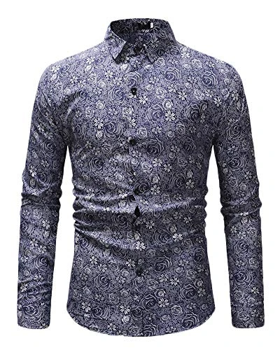 Men's Personality Shirts Lapel Dark Colours Floral Print Pattern Long Sleeve Casual Shirt Blue M