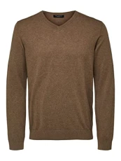 Men's pima cotton V-neck jumper, teak, M