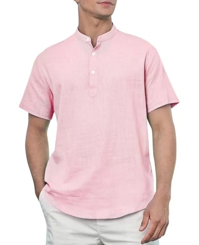 Mens Pink Linen Shirts Short Sleeve Grandad Shirt Button Down Casual Holiday Henley Shirts Lightweig