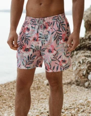 Men's Pink Tropical Floral Print Swim Shorts