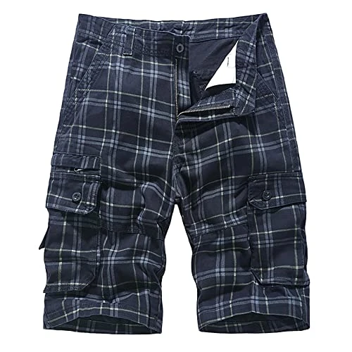 Mens Plaid Cargo Shorts Stretch Cotton Combat Bermuda Shorts Regular Fit Straight Leg Hiking Walking