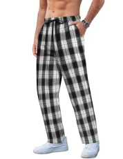 Men's Plaid Casual Pants Relaxed Fit Drawstring Yoga Lounge Pants Soft Cotton Flannel Pajama Pants with Pockets, Black White Plaid (Heavyweight), M Men's Plaid Casual Pants Relaxed Fit Drawstring Yoga Lounge Pants Soft Cotton Flannel Pajama Pants with Pockets, Black White Plaid (Heavyweight), M
