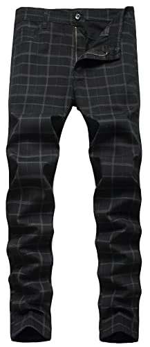 Men's Plaid Chinos Dress Chino Trousers Slim Fit Suit Pants Stretch Straight Leg Trousers Fitted Cotton Checked Pants Zip Fly Casual Check Tartan Pants Spring Autumn 01 Black 34 Inch Waist