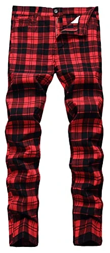 Men's Plaid Chinos Slim Fit Checked Trousers Casual Chino Pants Stretch Straight Leg Trousers Fitted Cotton Tartan Pants Zip Fly Elastic Check Suit Trousers Spring Autumn 02 Wine Red Size 36