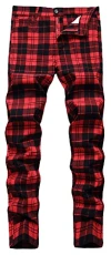 Men's Plaid Chinos Slim Fit Checked Trousers Casual Chino Pants Stretch Straight Leg Trousers Fitted Cotton Tartan Pants Zip Fly Elastic Check Suit Trousers Spring Autumn 02 Wine Red Size 36