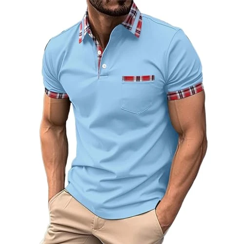 Men's Plaid Collar Golf Polo Shirts Simple Short Sleeve Polo Shirt Business Formal Shirt Lightweight Work Polo Shirts Set-in Neck T-Shirt Casual Polo T-Shirt Athletic Polo Shirt Everyday Wear Blue