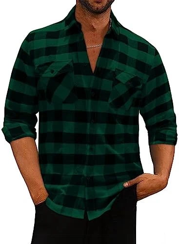 Mens Plaid Flannel Shirts Long Sleeve Regular Fit Casual Button Down Shirt with Pockets, Green, Medi