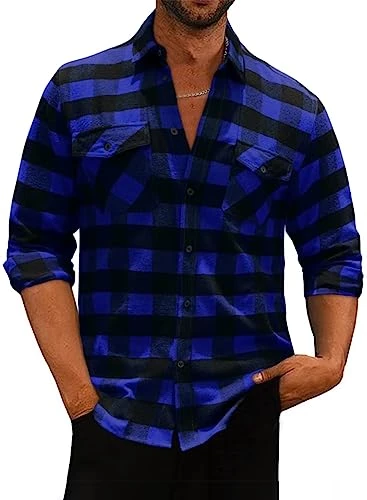 Mens Plaid Flannel Shirts Long Sleeve Regular Fit Casual Button Down Shirt with Pockets, Sky Blue, S