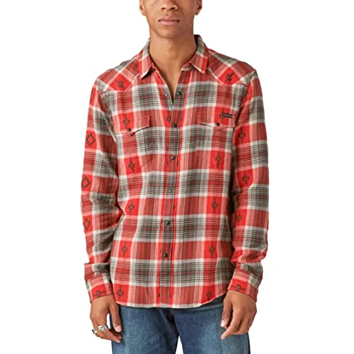 Men's Plaid Indigo Long Sleeve Workwear Shirt, Red Plaid, S