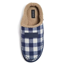 Men's Plaid Memory Foam Slip On Clog Slippers, Indoor Outdoor Mens House Shoes, Warm Bedroom Clogs Slipper for Men, White/Navy, L