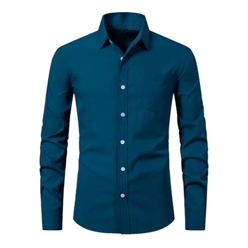 Men's Plain Casual Long Sleeve Slim Fit Shirt Shirt Shiny Men, navy, M