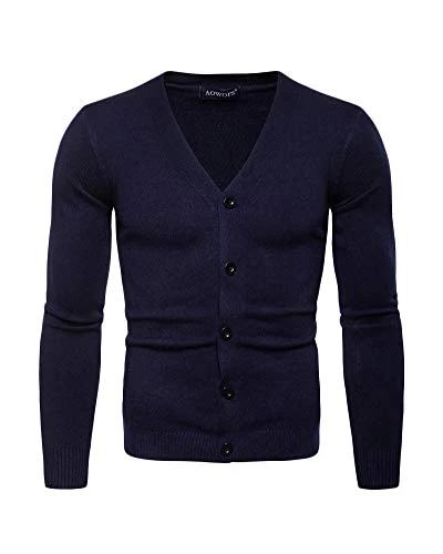 Mens Plain Colour Knitwear Casual Slim Long Sleeve Cardigan Sweaters Navy M