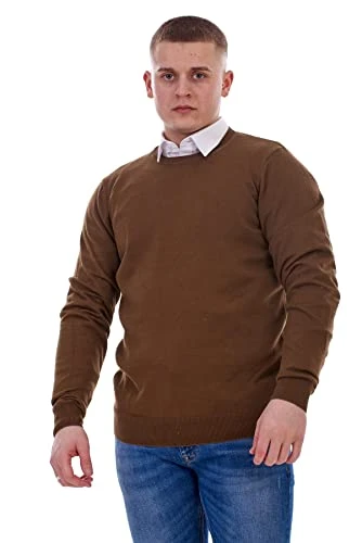 Mens Plain Jumper Ex-Chain Store Crew Neck Long Sleeve Knitted Pullover Sweater Brown