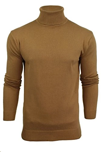 Men's  Plain Polo ‘Roll’ Neck Jumper Cotton Pullover Sweater Thin Knit- Funnel Turtle Neck Medium Camel