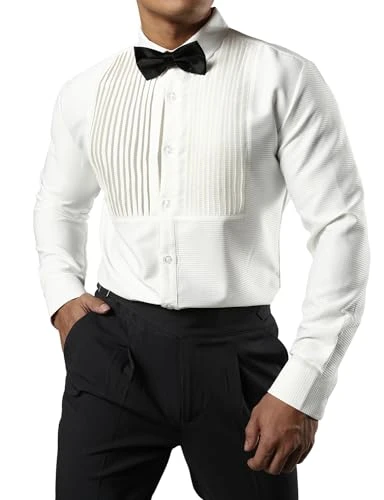 Men's Pleated Tuxedo Shirt Waffle Button Down Long Sleeve Formal Dress Shirts with Bow Tie White Sma