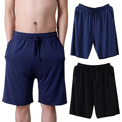 Mens Plus Size 2 Pack Soft Stretchy Pyjama Bottoms Shorts Thin Lightweight Sleep Lounge Shorts with Pockets Black + Navy Blue 4XL