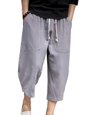 Mens Plus Size Casual Baggy Cropped Trousers Chinos Cotton Linen Lightweight Elasticated Waist Wide Leg Haren Pants with Pockets Gray 2XL