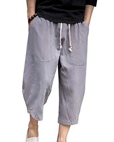Mens Plus Size Casual Baggy Cropped Trousers Chinos Cotton Linen Lightweight Elasticated Waist Wide Leg Haren Pants with Pockets Gray 2XL