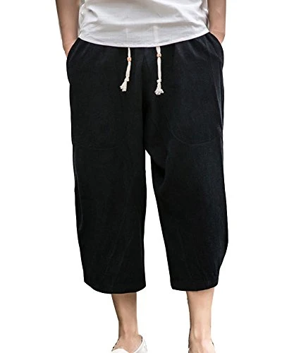 Mens Plus Size Casual Baggy Cropped Trousers Chinos Cotton Linen Lightweight Elasticated Waist Wide 