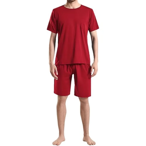 Mens Plus Size Pyjamas Sets Short Sleeve T-Shirt Top and Shorts Soft Comfy Sleepwear Loungewear with Pockets Burgundy 3XL