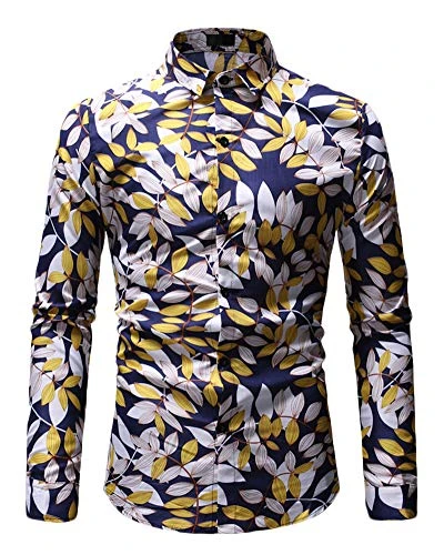 Men's Plus Size Shirt Lapel Leaf Pattern Slim Fit Long Sleeve Lightweight Printed Shirt Gold XXL