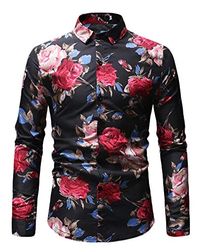 Men's Plus Size Shirt Lapel Rose Pattern Personality Leisure Long Sleeve Printed Shirt Black L