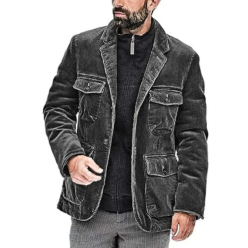 Men's Plus Size Winter Button Coat Vintage Fleece Lined Corduroy Denim Trucker Jackets Lapel Button 