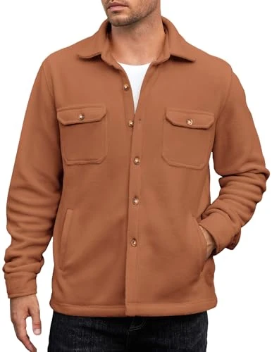 Men's Polar Fleece Shirt Jacket Long Sleeve Casual Button Down Shacket with Pockets, Camel, 3XL
