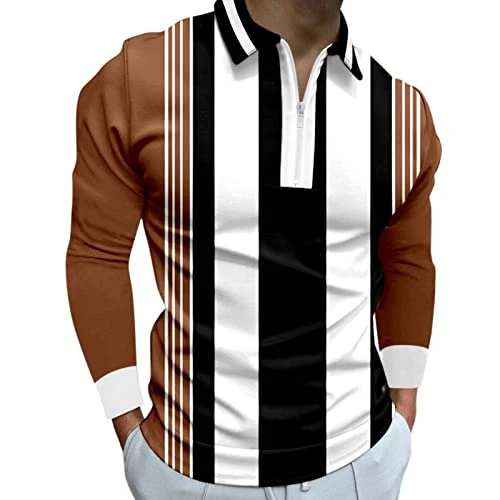 Men's Polo Shirt Designer Sports Elegant Poloshirt with Reverse Collar Print Stripes Wide T-Shirt Comfortable Long Sleeve Casual Shirt Premium T-Shirt Fitnes Classic Regular Fit, brown, L