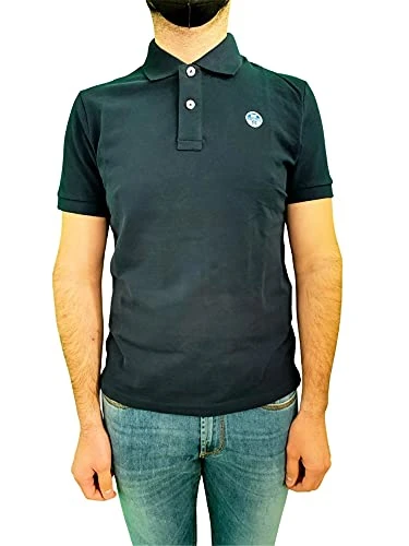 Men's Polo Shirt in Navy Blue Cotton Piqué with Short Sleeves and Front Button Placket - L