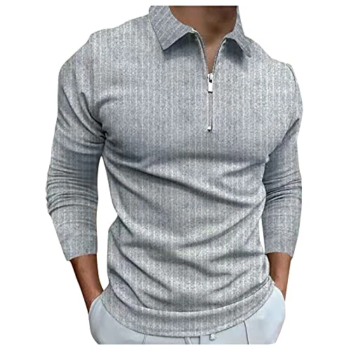 Men's Polo Shirt Long Sleeve Casual Sports Shirts Poloshirt with Reverse Collar and Zip Stripes Comf