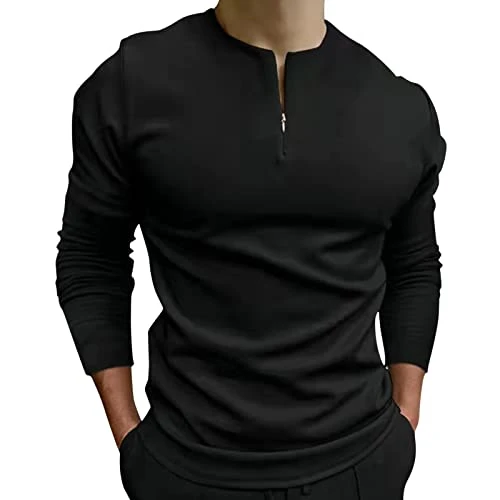 Men's Polo Shirt Long Sleeve Cotton Sports Long Sleeve Elegant Shirts with Zip Collarless Casual Loo