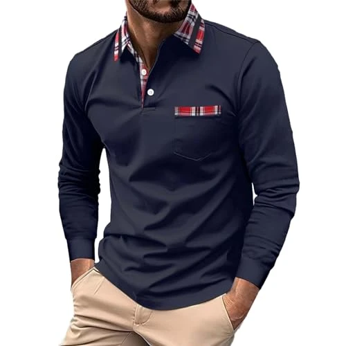 Men's Polo Shirt Long Sleeve Designer Lightweight Sports T-Shirts with Reverse Collar and Buttons Solid Color Casual Long Sleeve Elegant Loose Shirt Fitnes Poloshirt Slim Fit Premium, Navy, M