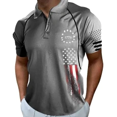 Mens Polo Shirts American Flag Print Short Sleeve Top Wicking Breathable Running Training Sports Shirts Tops Stars & Stripes Pieced USA Flag Printed T-Shirt Lapel Collar Button Golf Shirt Grey