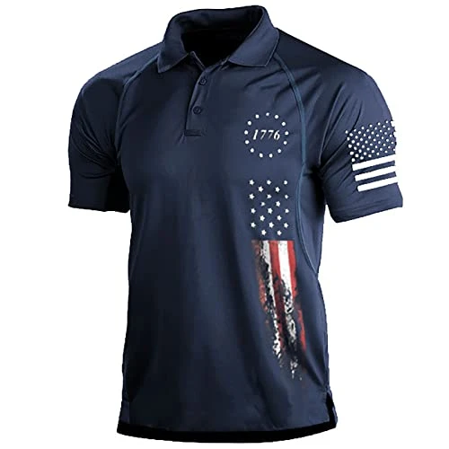 Mens Polo Shirts Short Sleeve American Flag Moisture Wicking Casual USA Flag Print Collared Golf Polo Shirts(Dark Blue,Medium)