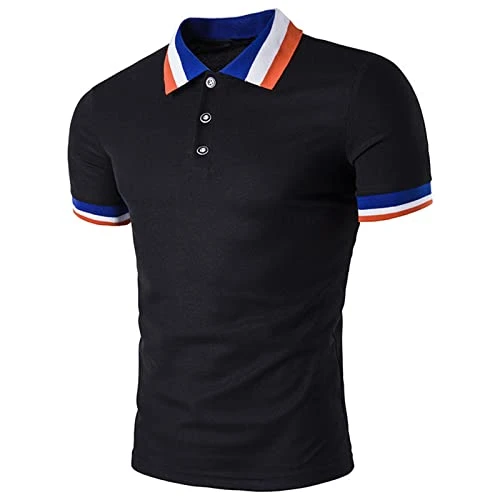 Men's Polo Shirts Short Sleeve Slim Fit T-Shirts Color Block Patchwork T Shirts Black