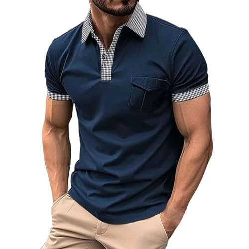 Men's Polo Shirts Stripe Contrasting Design T-Shirts Golf Shirts Short Sleeve Solid Color Lapel Tee Tops Button Down Doll Collar Casual Business Summer Work Polo Shirts for Men(A5-Navy,M)