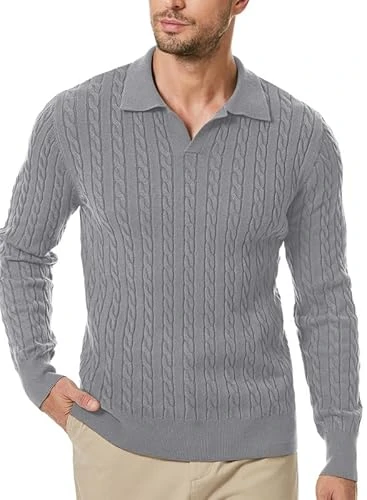 Men's Polo Shirts V Neck Cable Knit Sweater Casual Long Sleeve Collared Twist Patterned Golf Pullover Sweaters, Grey, S