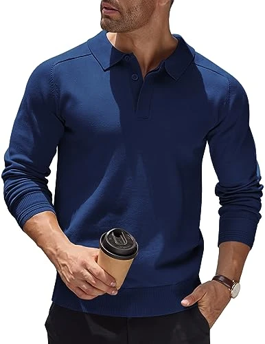 Mens Polo Sweater Fine Knit Pullover Long Sleeved Regular Fit Winter Thermal Jumper Basic and Solid