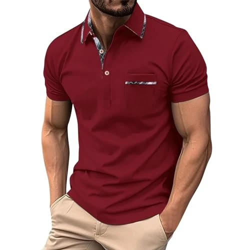 Men's Polo Vintage Polo Shirt Short Sleeve Striped Button Down Knitting Golf Knitted Polo Shirt Mens Work Polo Shirts for Men(A8 Red,M)