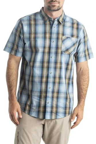 Men's Poplin Short Sleeve Button Down Shirt, Ocean Sand Plaid, Large