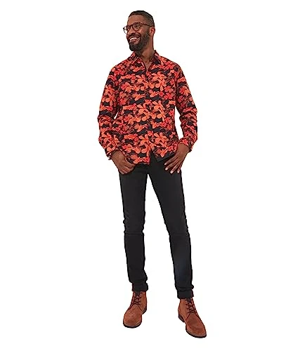 Men's Premium Autumnal Floral Print Long Sleeve Shirt, Orange, Large