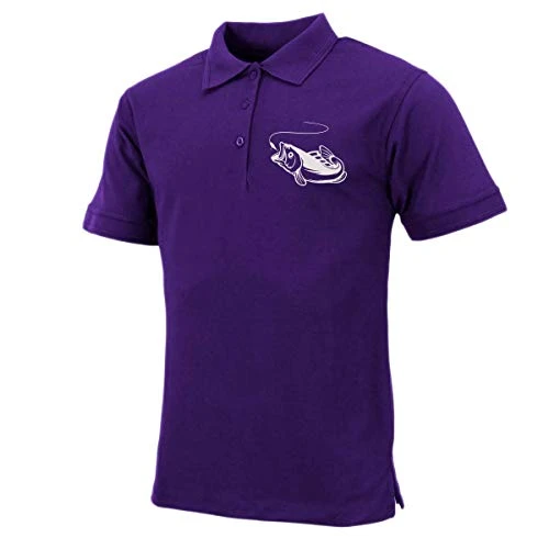 Mens Premium Comfort Fit Short Sleeve Fish Logo Polo Shirt Summer Top (Purple, L)