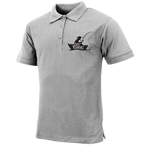 Mens Premium Comfort Fit Short Sleeve Gone Fishing Polo Shirt Summer Top (Grey, XXL)