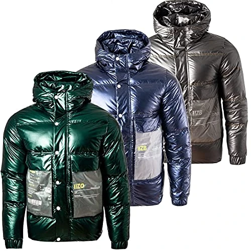 Men's Premium Padded Hooded Winter Jacket (Shiny_Navy, L)