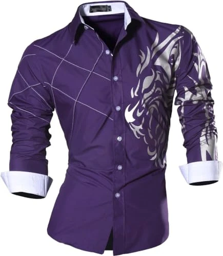 Men's Premium Slim Fit Long Sleeves Casual Formal Shirts Dress Tops Office Button MFN_Z030 Purple L