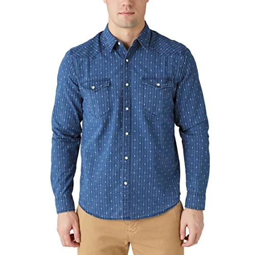 Men's Printed Long Sleeve Western Shirt, Indigo Stripe, S