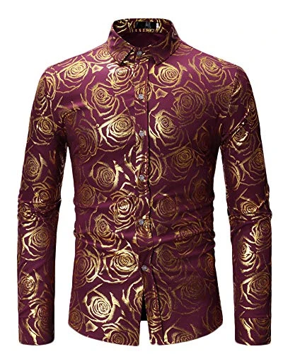 Men's Printed Shirt Lapel Floral Pattern Slim Fit Long Sleeve Lightweight Long Shirt Wine Red S