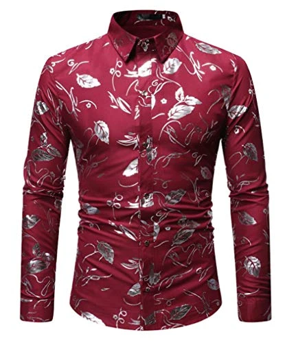 Men's Printed Turndown Collar Shirt Slim Fit Long Sleeves Dress Shirt Buttons Down Floral Prom Shirt