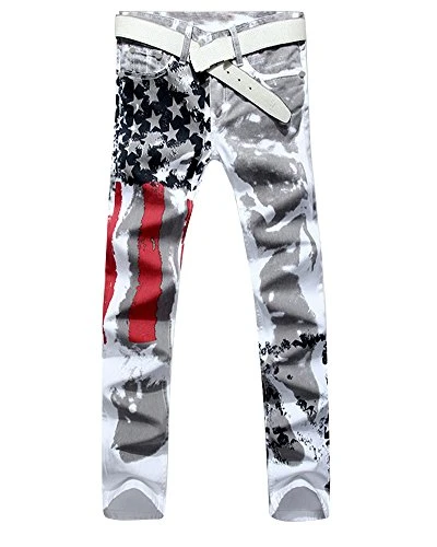 Men's Printed Washed Denim Long Straight Skinny-Fit Stretch Pants Jeans White 40